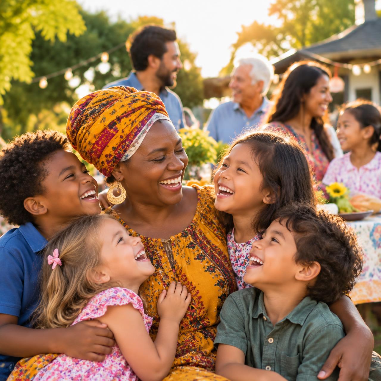 A grandmother and granddaughter laughing together at a community gathering